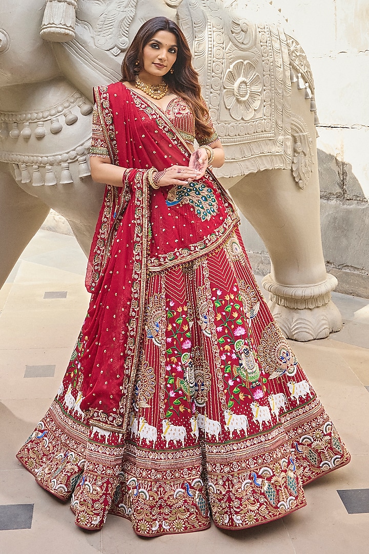 Red Dola Silk & Organza Cutdana Embroidered Bridal Lehenga Set by ANNU'S CREATION at Pernia's Pop Up Shop