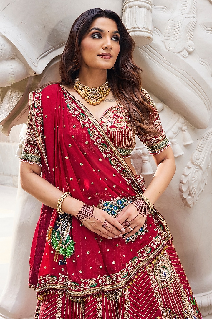Red Dola Silk & Organza Cutdana Embroidered Bridal Lehenga Set by Annu Patel at Pernia's Pop Up Shop