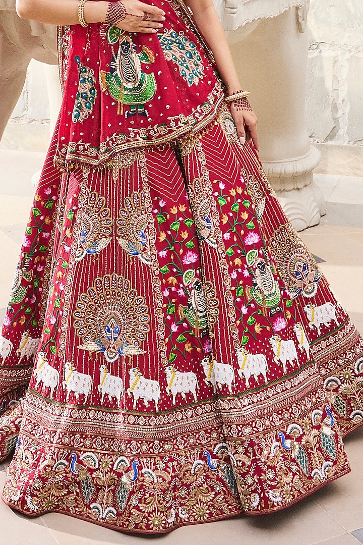 Red Dola Silk & Organza Cutdana Embroidered Bridal Lehenga Set by Annu Patel at Pernia's Pop Up Shop