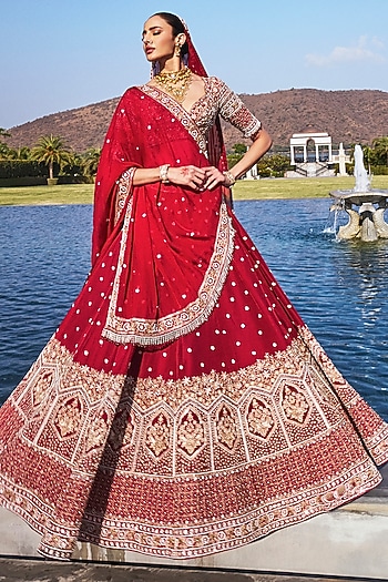 Blood Red Dola Silk & Organza Pearl Embroidered Bridal Lehenga Set by Annu Patel at Pernia's Pop Up Shop