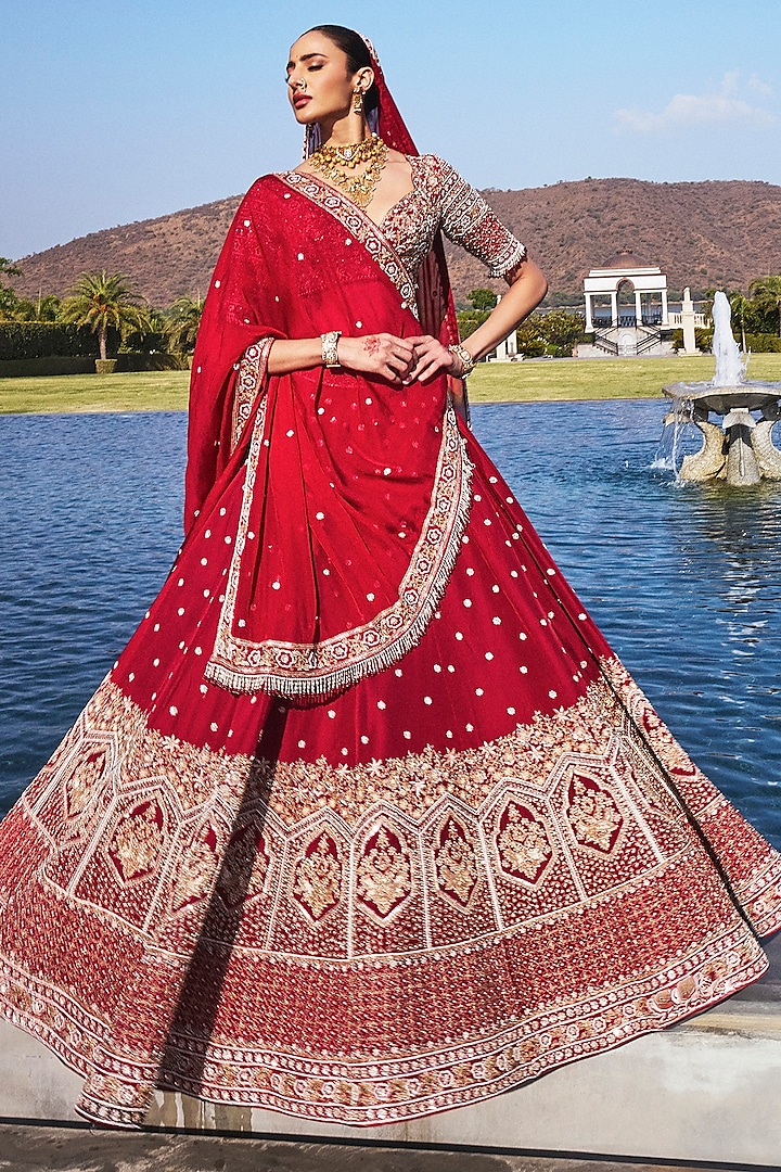 Blood Red Dola Silk & Organza Pearl Embroidered Bridal Lehenga Set by ANNU'S CREATION at Pernia's Pop Up Shop