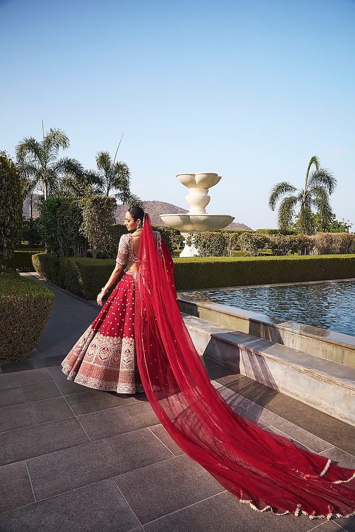 Blood Red Dola Silk & Organza Pearl Embroidered Bridal Lehenga Set by Annu Patel at Pernia's Pop Up Shop