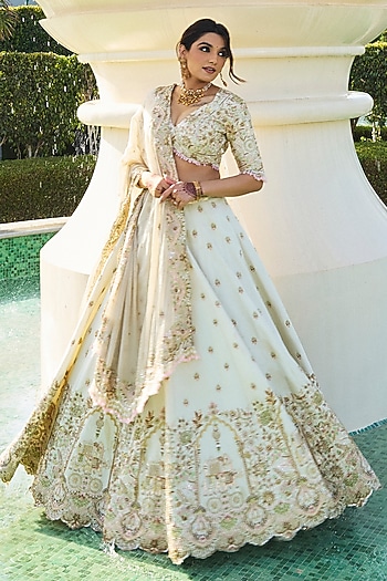 Ivory Diamond Tissue & Tissue Cutdana Embroidered Bridal Lehenga Set by Annu Patel at Pernia's Pop Up Shop
