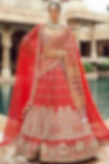 Red Silk & Organza Cutdana & Pearl Hand Embroidered Bridal Lehenga Set  by Annu Patel at Pernia's Pop Up Shop