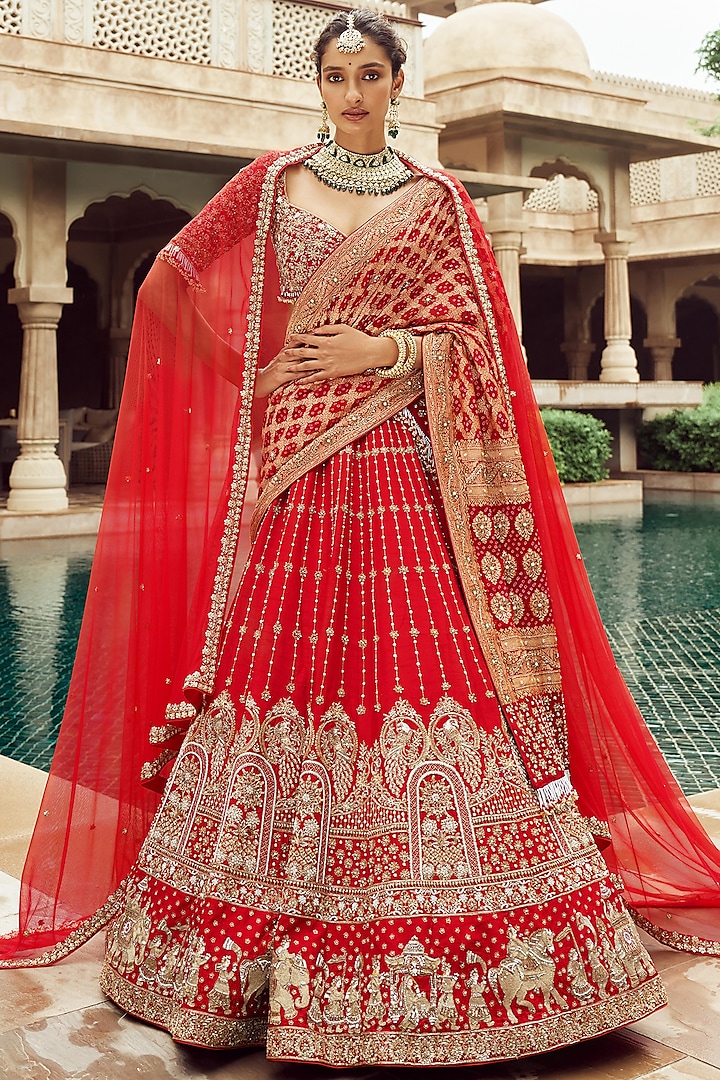 Red Silk & Organza Cutdana & Pearl Hand Embroidered Bridal Lehenga Set  by Annu Patel at Pernia's Pop Up Shop