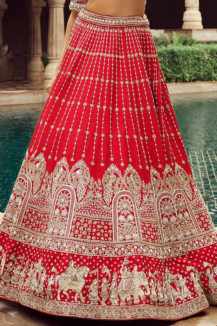 Red Silk & Organza Cutdana & Pearl Hand Embroidered Bridal Lehenga Set  by Annu Patel at Pernia's Pop Up Shop