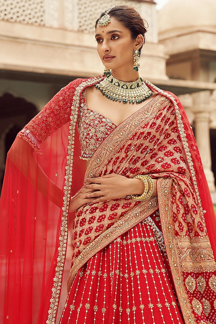 Red Silk & Organza Cutdana & Pearl Hand Embroidered Bridal Lehenga Set  by Annu Patel at Pernia's Pop Up Shop