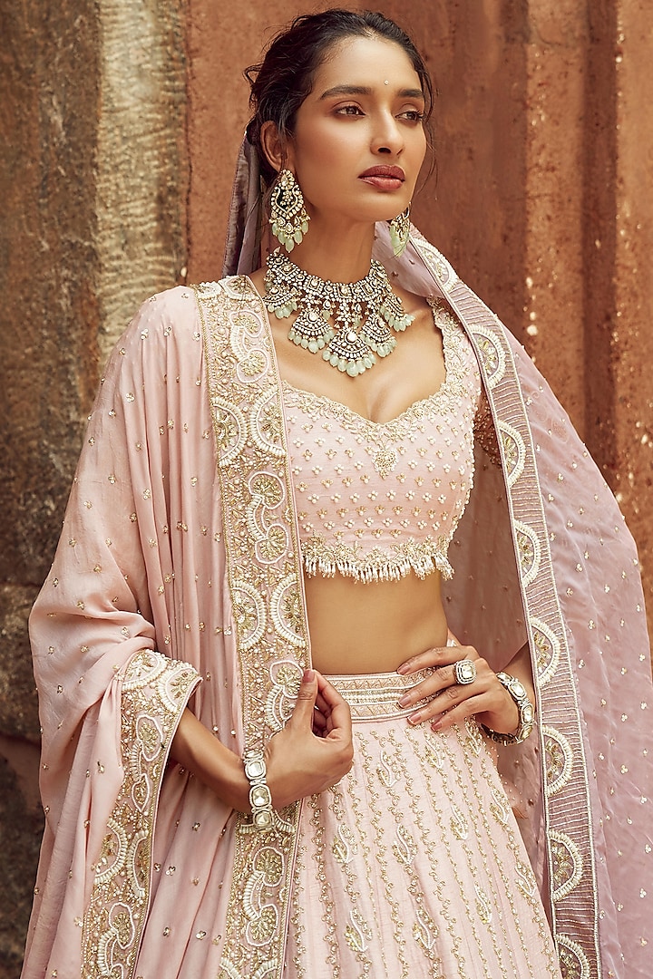 Pastel Pink Silk & Organza Zardosi Hand Embroidered Bridal Lehenga Set  by Annu Patel at Pernia's Pop Up Shop