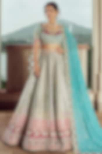 Cold Turquoise Silk & Organza Hand Embroidered Shaded Bridal Lehenga Set  by ANNU'S CREATION at Pernia's Pop Up Shop