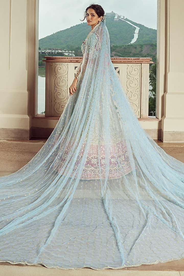 Cold Turquoise Silk & Organza Hand Embroidered Shaded Bridal Lehenga Set  by Annu Patel at Pernia's Pop Up Shop