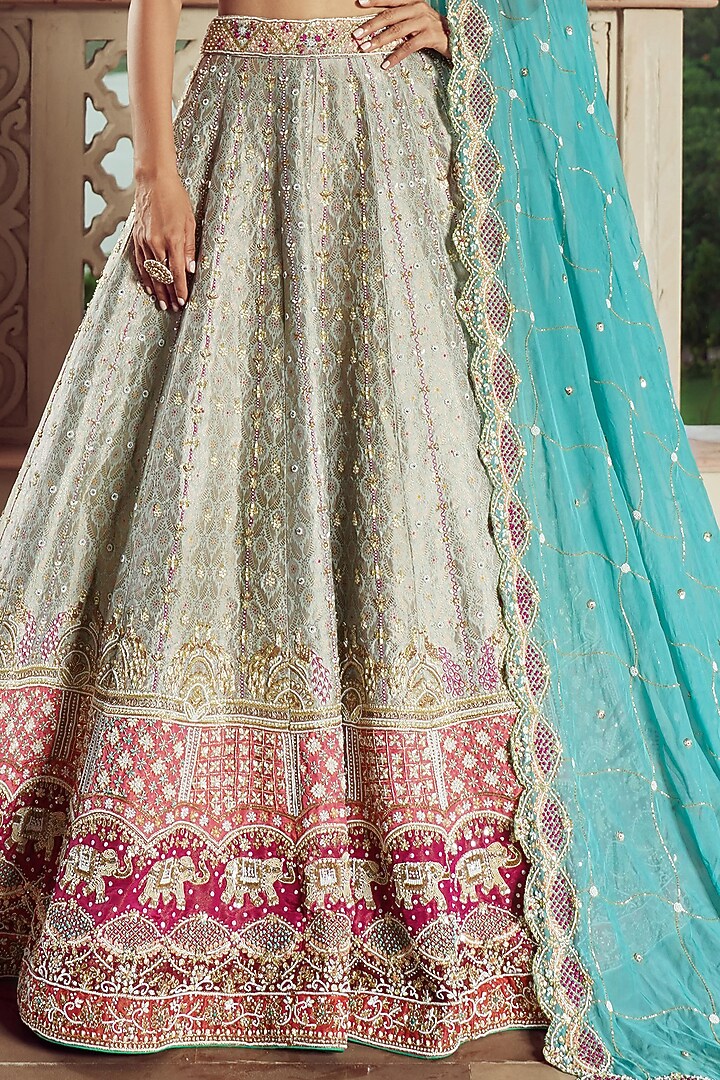 Cold Turquoise Silk & Organza Hand Embroidered Shaded Bridal Lehenga Set  by Annu Patel at Pernia's Pop Up Shop