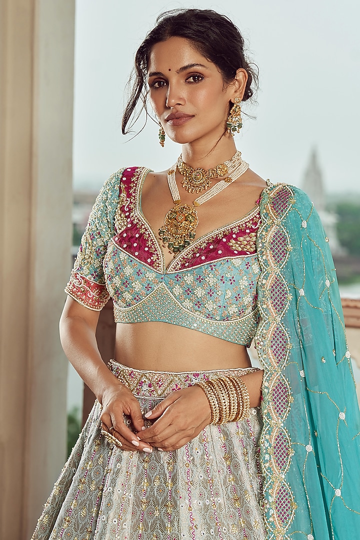 Cold Turquoise Silk & Organza Hand Embroidered Shaded Bridal Lehenga Set  by Annu Patel at Pernia's Pop Up Shop