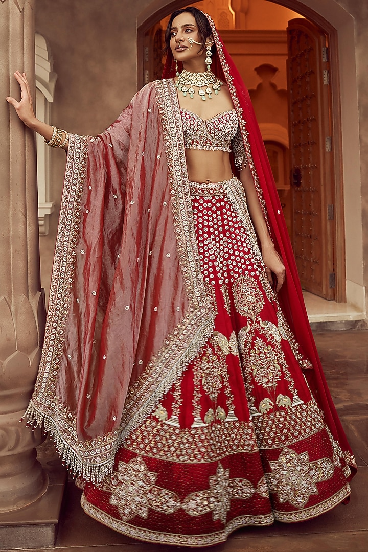 Maroon Dupion Silk & Organza Hand Embroidered Bridal Lehenga Set  by Annu Patel at Pernia's Pop Up Shop