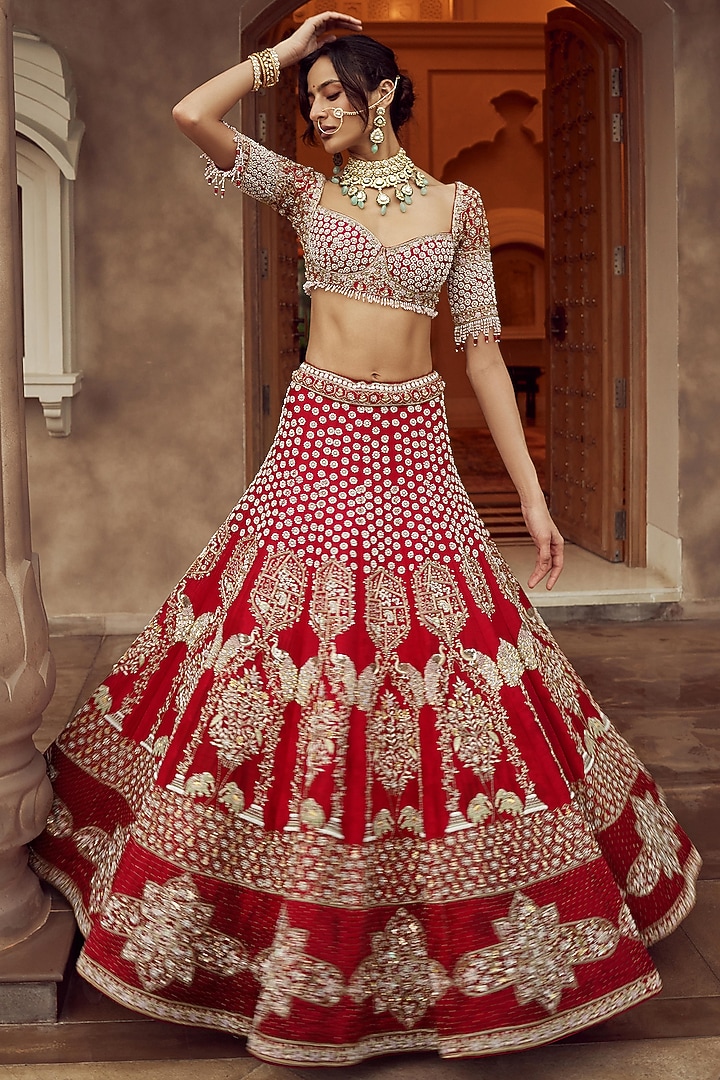 Maroon Dupion Silk & Organza Hand Embroidered Bridal Lehenga Set  by Annu Patel at Pernia's Pop Up Shop