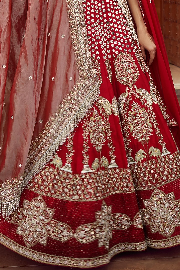 Maroon Dupion Silk & Organza Hand Embroidered Bridal Lehenga Set  by Annu Patel at Pernia's Pop Up Shop