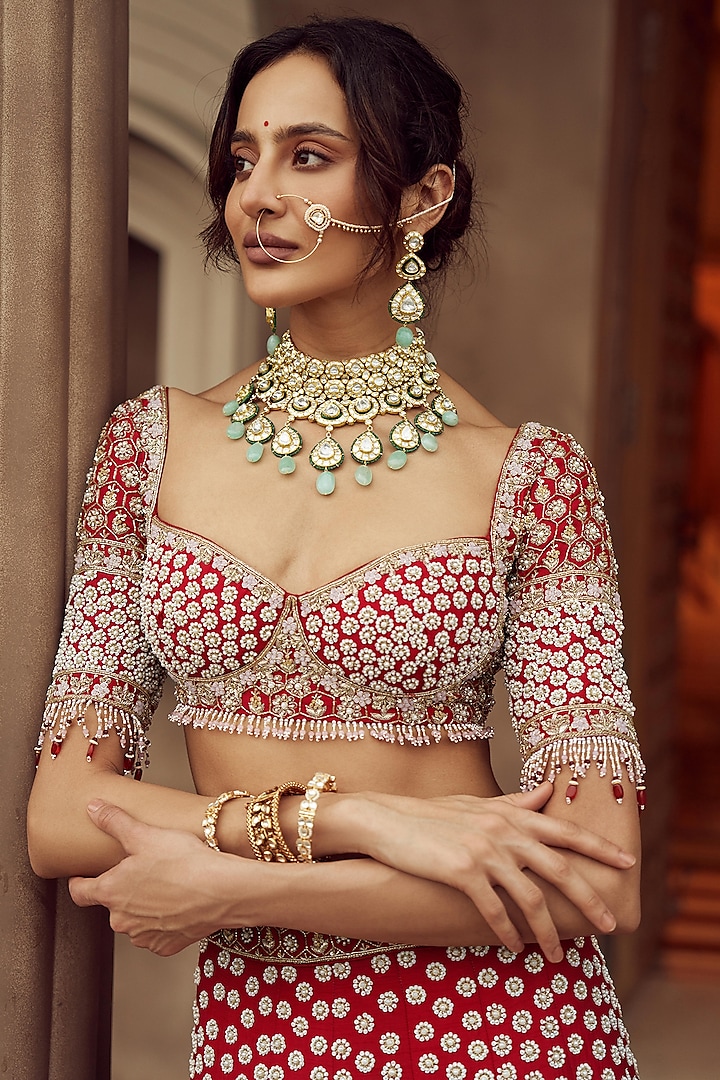 Maroon Dupion Silk & Organza Hand Embroidered Bridal Lehenga Set  by Annu Patel at Pernia's Pop Up Shop
