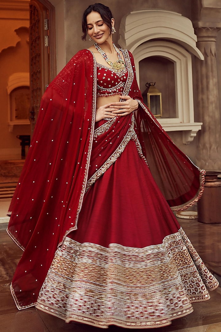 Deep Maroon Silk & Organza Hand Embroidered Bridal Lehenga Set  by Annu Patel at Pernia's Pop Up Shop