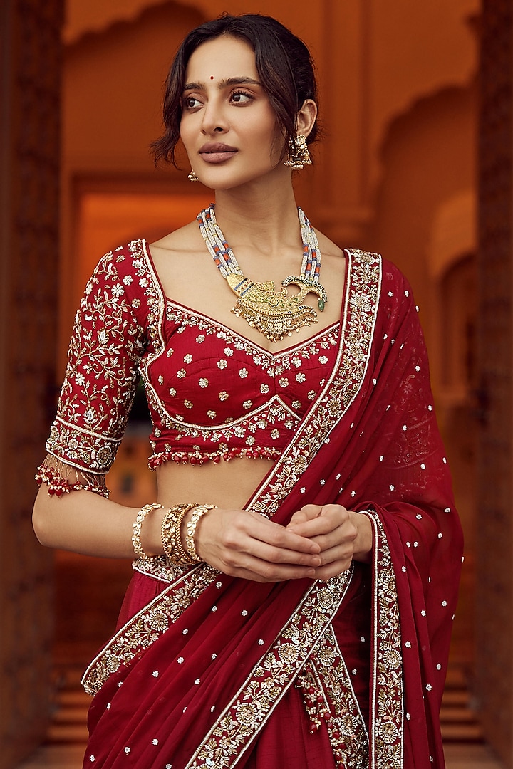 Deep Maroon Silk & Organza Hand Embroidered Bridal Lehenga Set  by Annu Patel at Pernia's Pop Up Shop