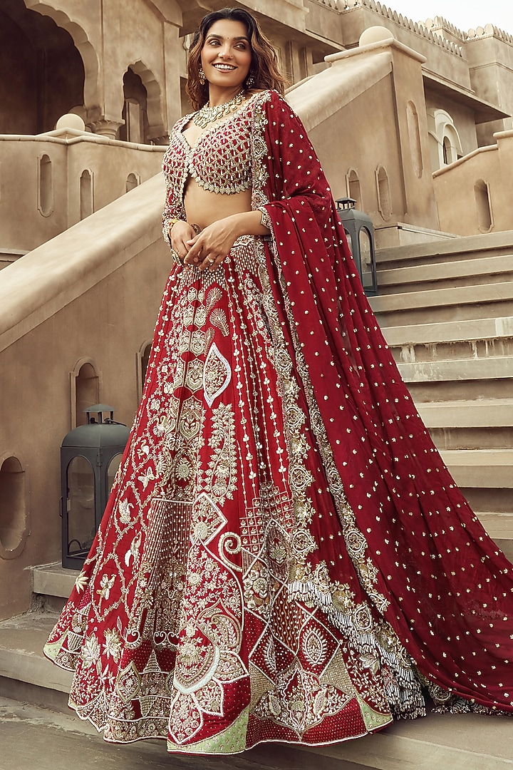 Deep Scarlet Silk & Organza Hand Embroidered Bridal Lehenga Set  by Annu Patel at Pernia's Pop Up Shop