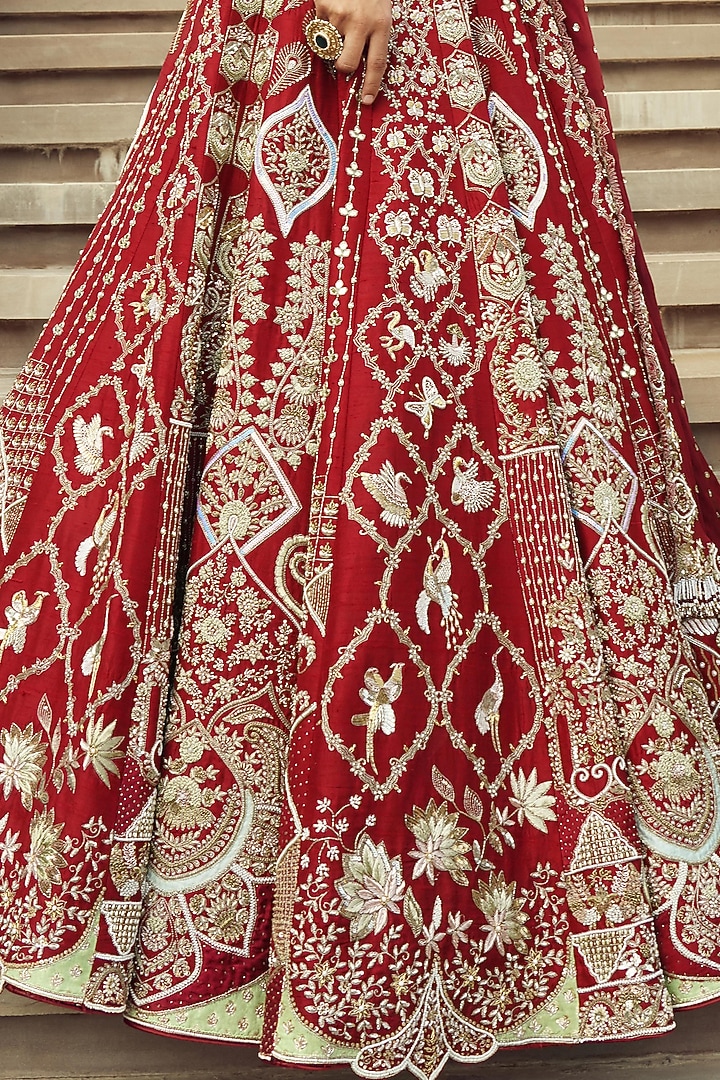 Deep Scarlet Silk & Organza Hand Embroidered Bridal Lehenga Set  by Annu Patel at Pernia's Pop Up Shop