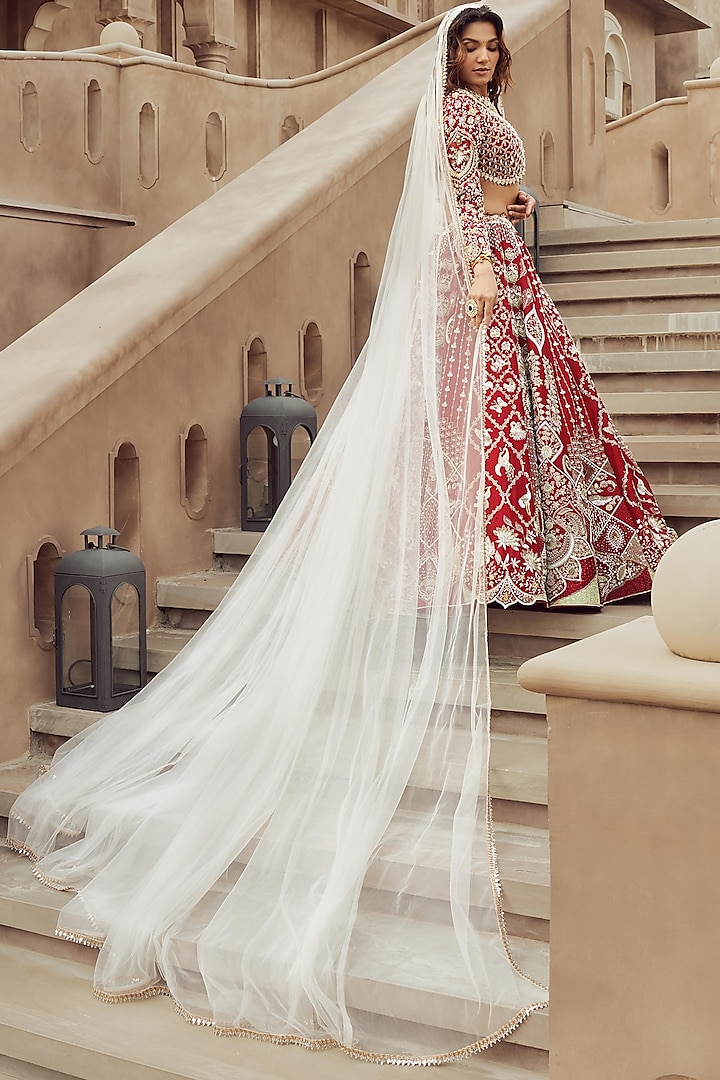 Deep Scarlet Silk & Organza Hand Embroidered Bridal Lehenga Set  by Annu Patel at Pernia's Pop Up Shop