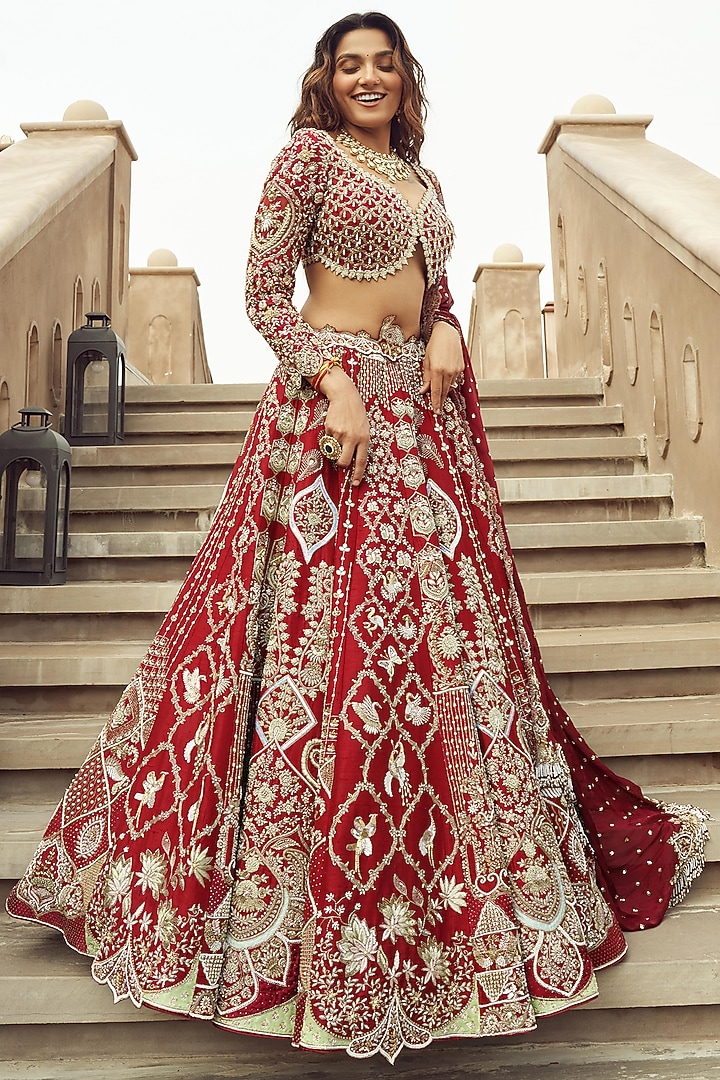 Deep Scarlet Silk & Organza Hand Embroidered Bridal Lehenga Set  by Annu Patel at Pernia's Pop Up Shop