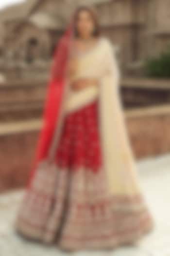 Red Silk & Organza Hand Embroidered Bridal Lehenga Set  by ANNU'S CREATION at Pernia's Pop Up Shop