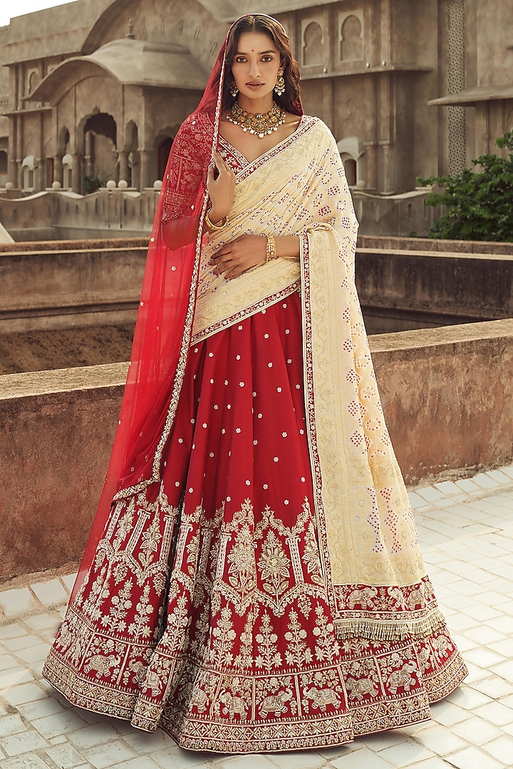 Red Silk & Organza Hand Embroidered Bridal Lehenga Set  by ANNU'S CREATION at Pernia's Pop Up Shop