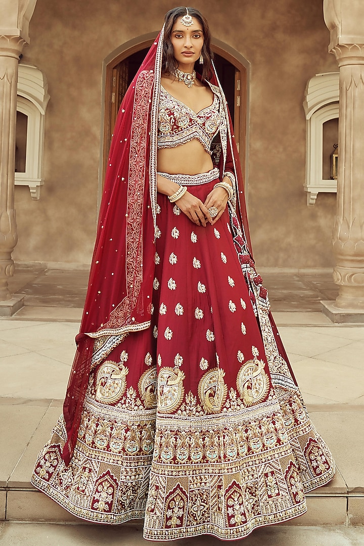 Maroon Silk & Organza Hand Embroidered Bridal Lehenga Set  by Annu Patel at Pernia's Pop Up Shop