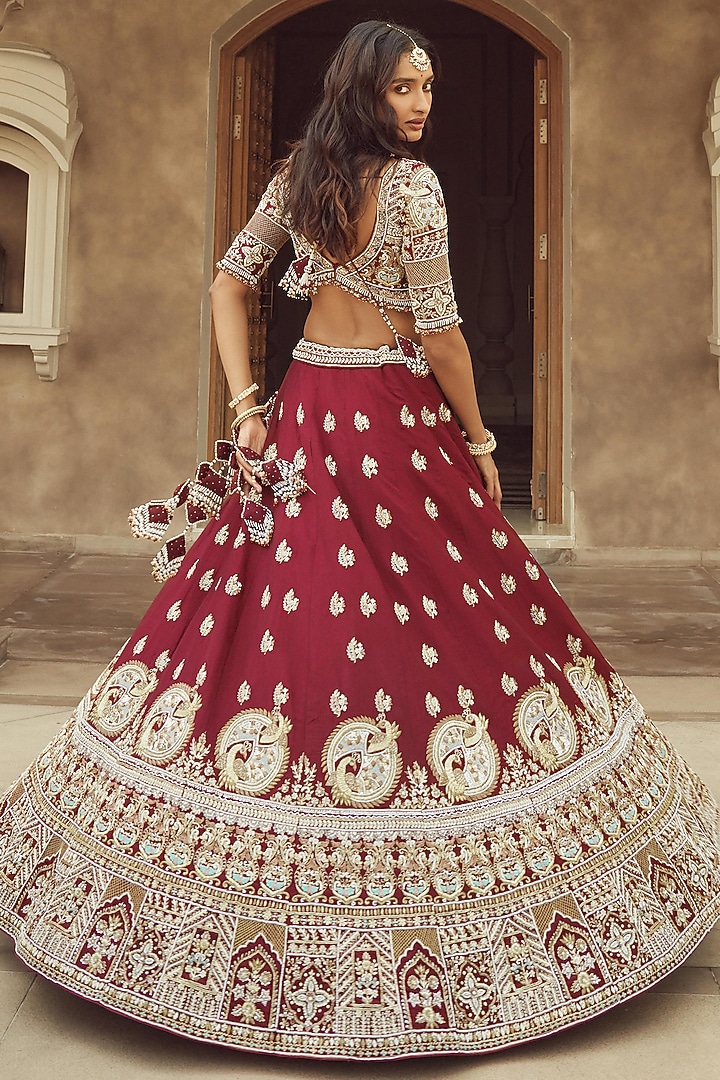 Maroon Silk & Organza Hand Embroidered Bridal Lehenga Set  by Annu Patel at Pernia's Pop Up Shop