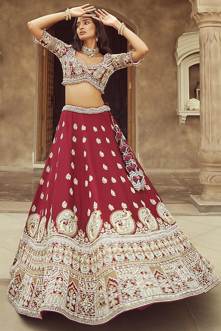 Maroon Silk & Organza Hand Embroidered Bridal Lehenga Set  by Annu Patel at Pernia's Pop Up Shop