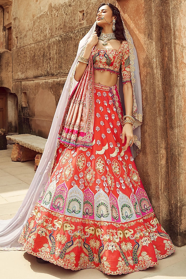 Rust Silk & Organza Peacock Motif Hand Embroidered Bridal Lehenga Set  by ANNU'S CREATION at Pernia's Pop Up Shop