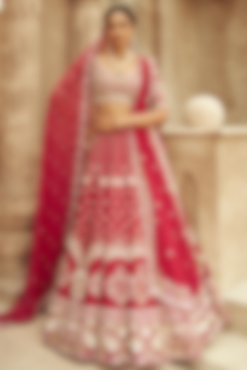 Red Silk & Organza Hand Embroidered Bridal Lehenga Set  by Annu Patel at Pernia's Pop Up Shop