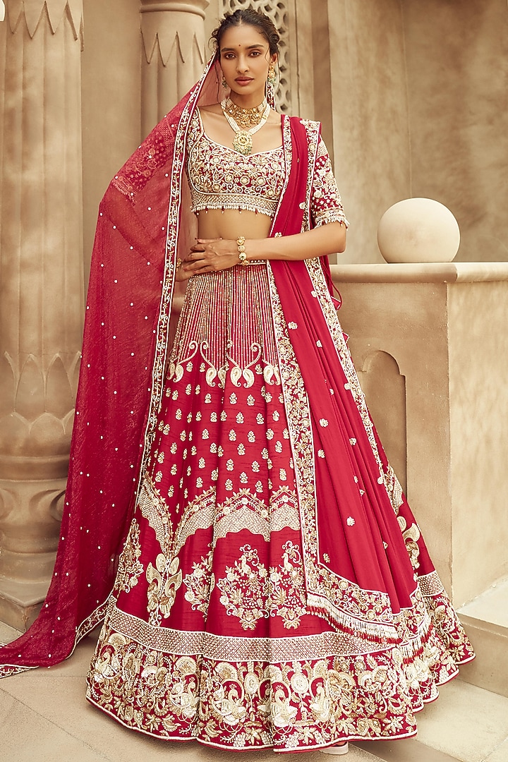 Red Silk & Organza Hand Embroidered Bridal Lehenga Set  by Annu Patel at Pernia's Pop Up Shop