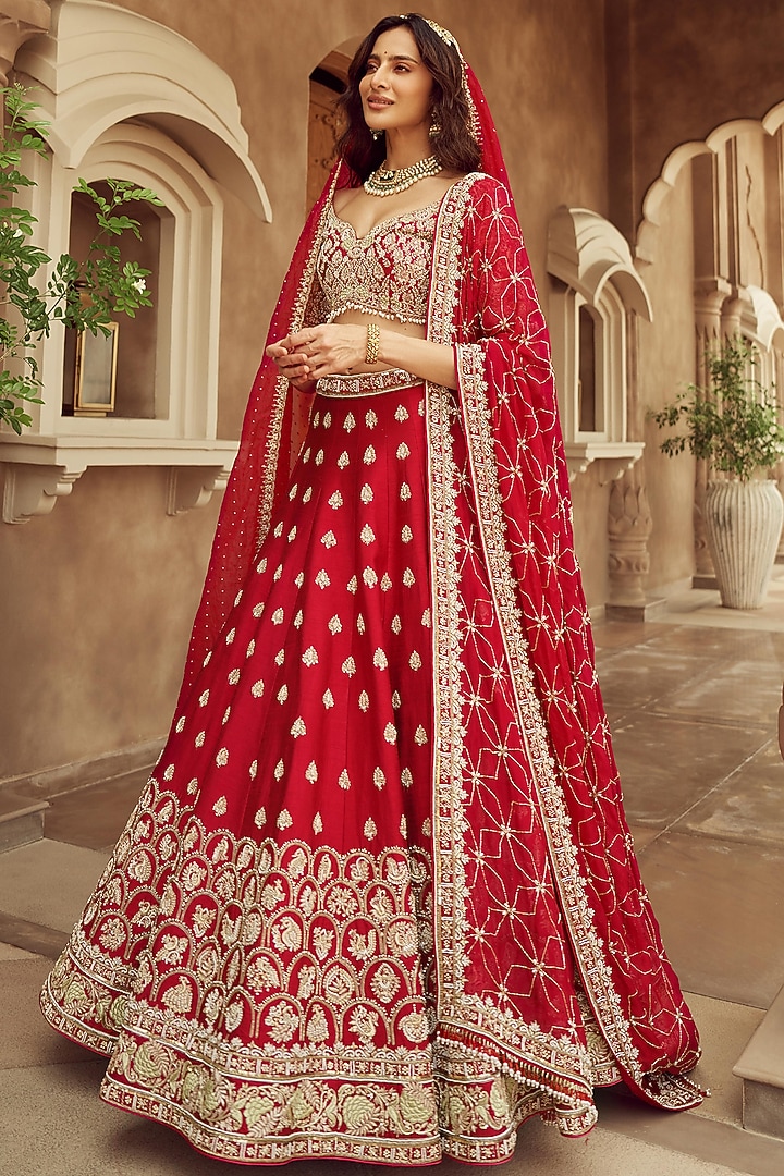 Red Silk & Organza Peacock Motif Hand Embroidered Bridal Lehenga Set  by Annu Patel at Pernia's Pop Up Shop