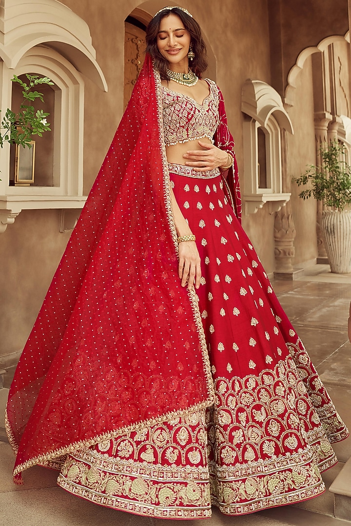 Red Silk & Organza Peacock Motif Hand Embroidered Bridal Lehenga Set  by Annu Patel at Pernia's Pop Up Shop