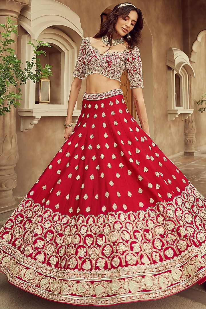 Red Silk & Organza Peacock Motif Hand Embroidered Bridal Lehenga Set  by Annu Patel at Pernia's Pop Up Shop