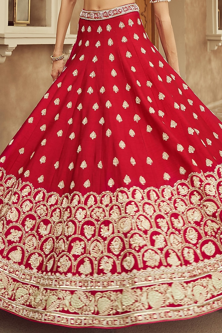 Red Silk & Organza Peacock Motif Hand Embroidered Bridal Lehenga Set  by Annu Patel at Pernia's Pop Up Shop