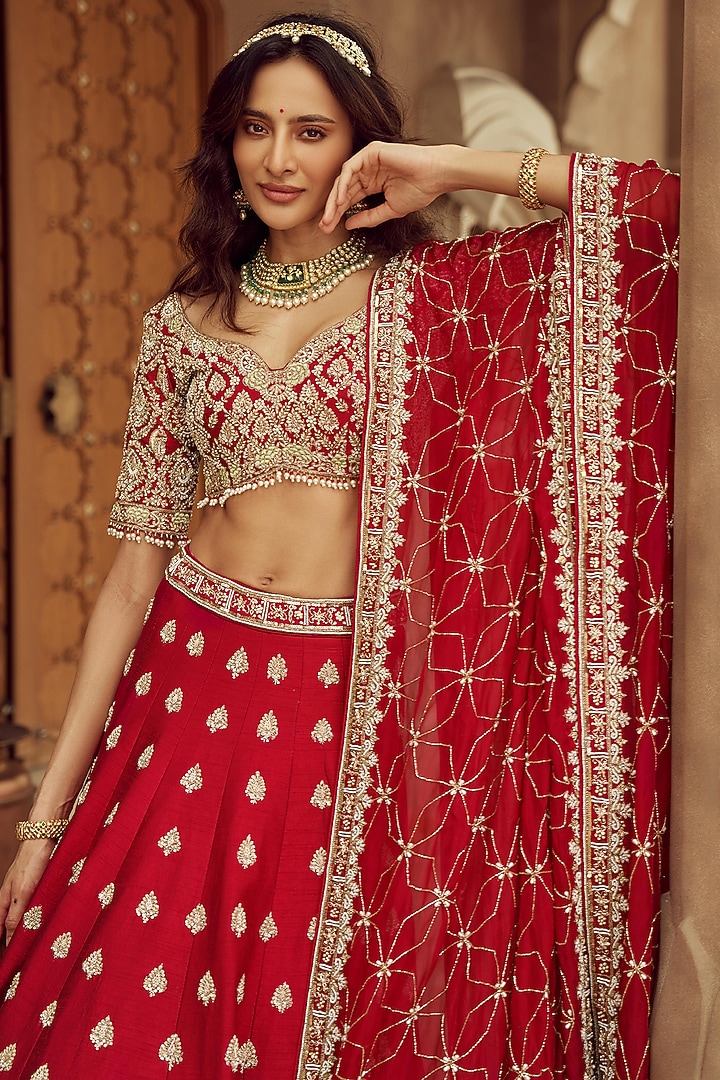 Red Silk & Organza Peacock Motif Hand Embroidered Bridal Lehenga Set  by Annu Patel at Pernia's Pop Up Shop
