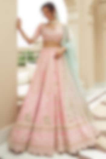 Pastel Pink Silk & Organza Hand Embroidered Bridal Lehenga Set  by ANNU'S CREATION at Pernia's Pop Up Shop