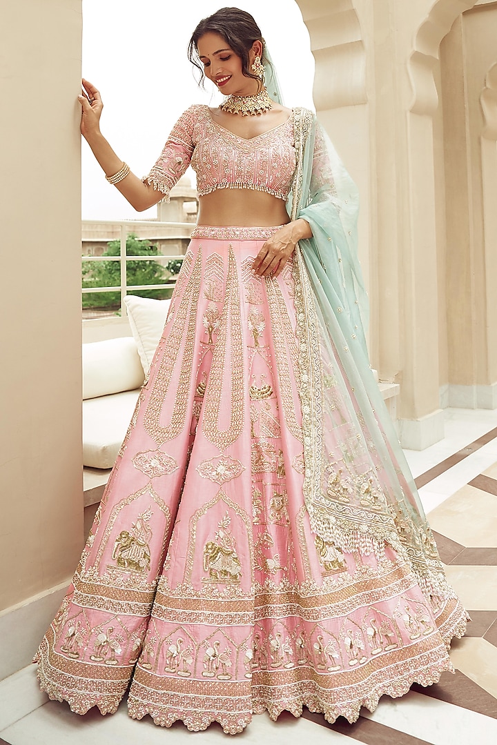 Pastel Pink Silk & Organza Hand Embroidered Bridal Lehenga Set  by ANNU'S CREATION at Pernia's Pop Up Shop