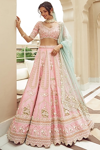 Pastel Pink Silk & Organza Hand Embroidered Lehenga Set  by Annu Patel