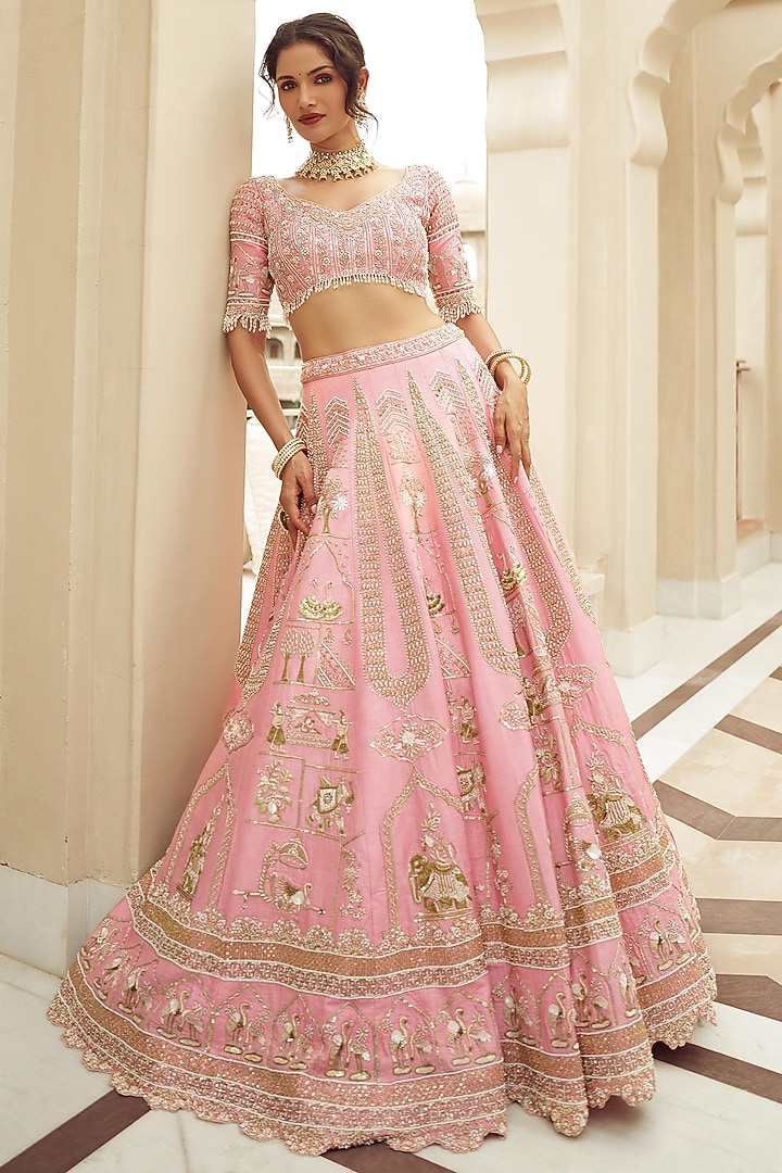 Pastel Pink Silk & Organza Hand Embroidered Bridal Lehenga Set  by Annu Patel at Pernia's Pop Up Shop