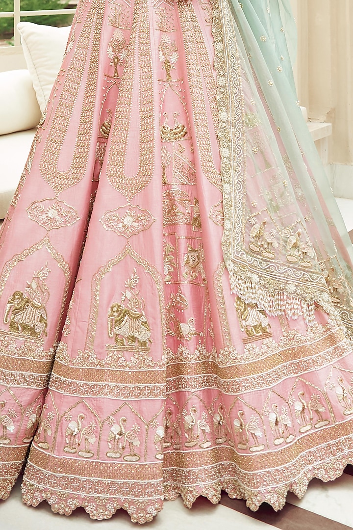 Pastel Pink Silk & Organza Hand Embroidered Bridal Lehenga Set  by Annu Patel at Pernia's Pop Up Shop