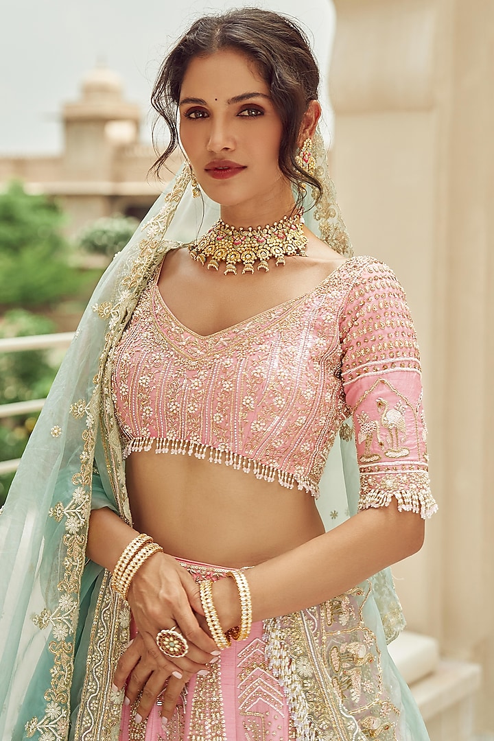 Pastel Pink Silk & Organza Hand Embroidered Bridal Lehenga Set  by Annu Patel at Pernia's Pop Up Shop
