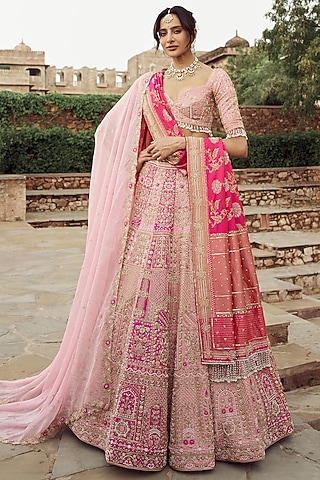 Blush Pink Silk & Organza Hand Embroidered Lehenga Set  by Annu Patel