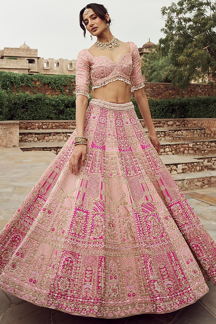 Blush Pink Silk & Organza Hand Embroidered Bridal Lehenga Set  by Annu Patel at Pernia's Pop Up Shop