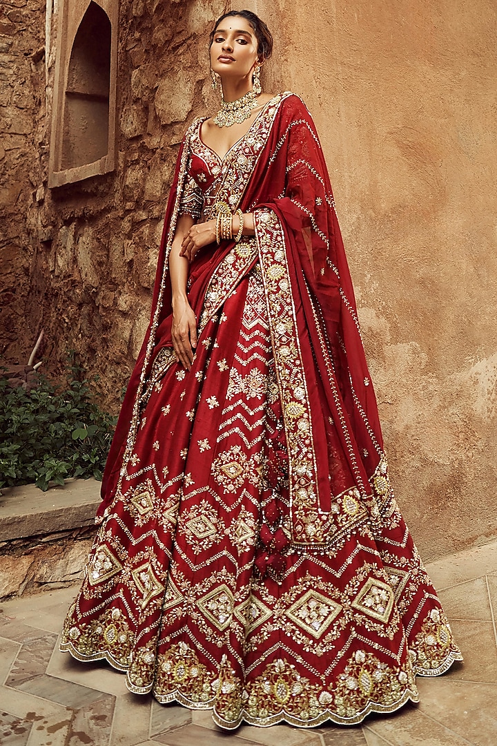 Deep Scarlet Silk & Organza Hand Embroidered Lehenga Set  by ANNU'S CREATION