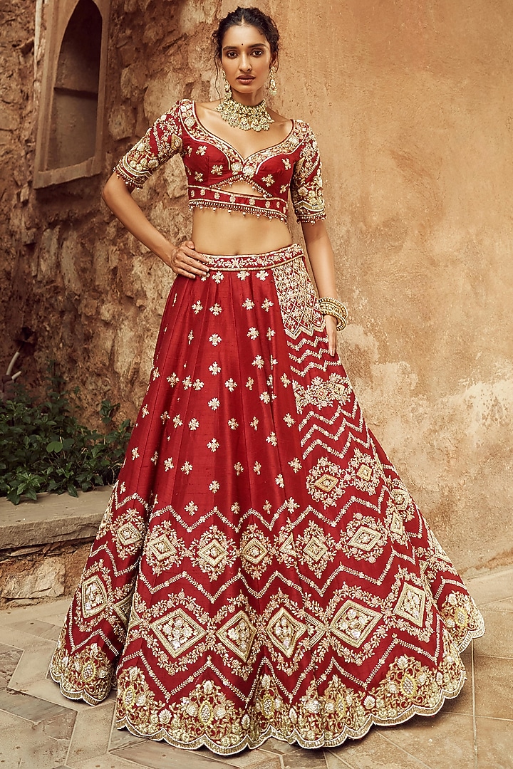 Deep Scarlet Silk & Organza Hand Embroidered Bridal Lehenga Set  by Annu Patel at Pernia's Pop Up Shop