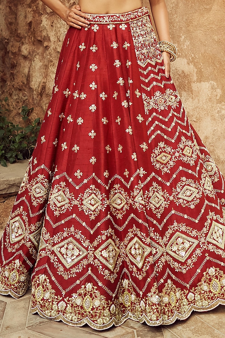 Deep Scarlet Silk & Organza Hand Embroidered Bridal Lehenga Set  by Annu Patel at Pernia's Pop Up Shop
